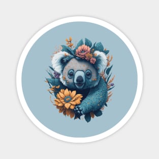 Cute smiling Koala bear with florals and foliage t-shirt design, apparel, mugs, cases, wall art, stickers, travel mug Magnet